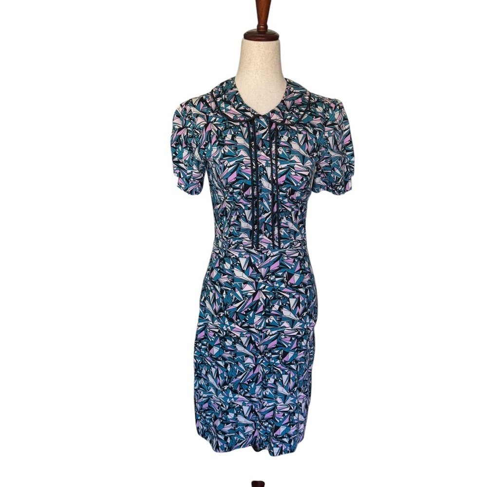 Nooworks Geometric Print Short Sleeve Peter Pan Collar Sheath Dress XS S
